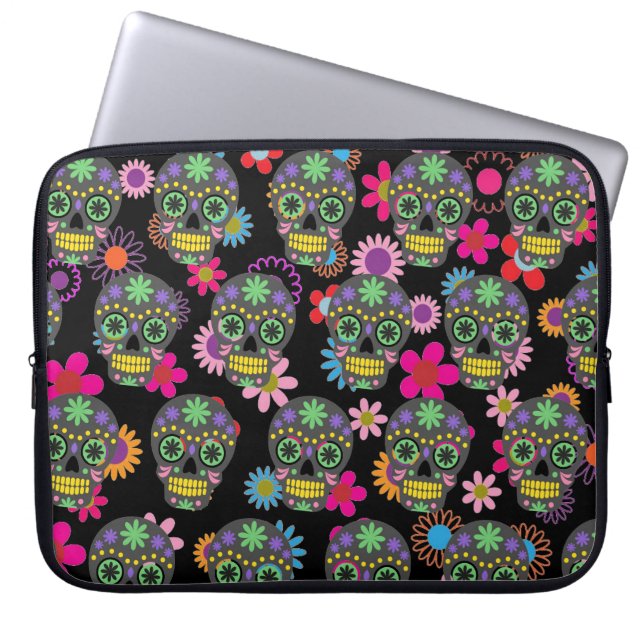 Crazy Sugar Skull och Flowers Black Mönster Laptop Fodral (Framsidan)