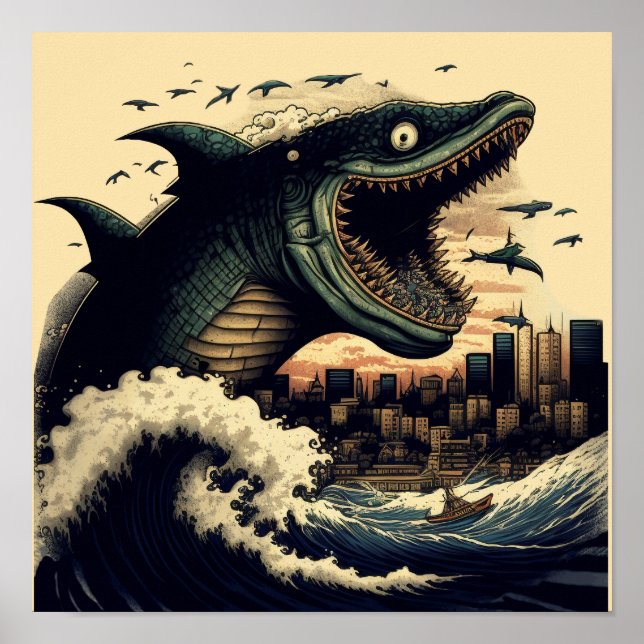 Crazy Sushi Shark Anime Attacking Poster (Framsidan)