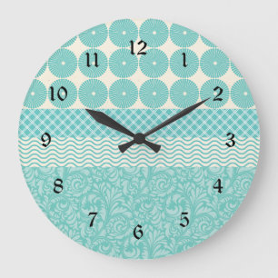 Crazy Teal Blue Mönster Circles Blommigt Plade Wav Stor Klocka