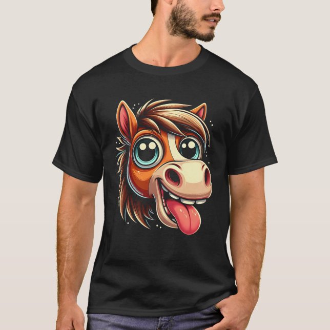 Crazy Tecknad Horse Ansikte Funny Goofy Tunga Out  T Shirt (Framsida)