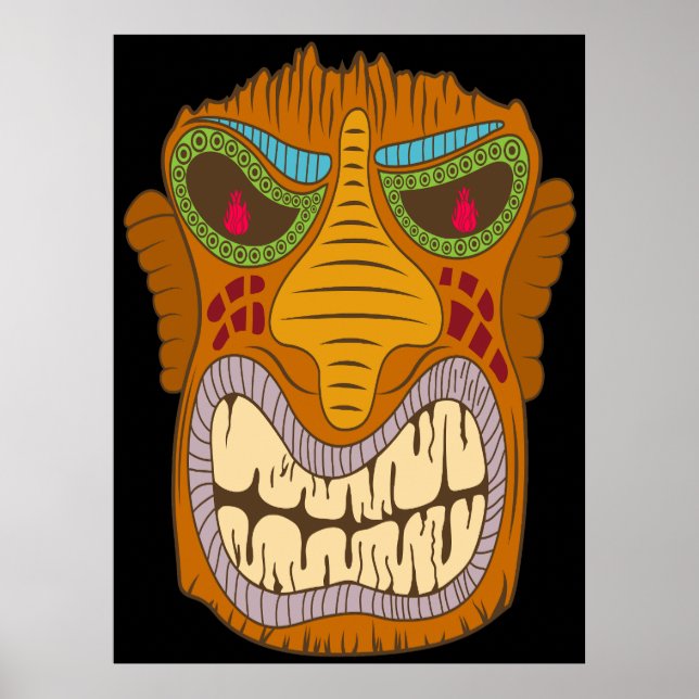 Crazy Tiki Head med Flames i hans Ögon, Black Poster (Framsidan)