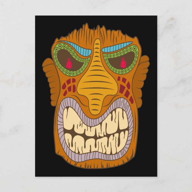 Crazy Tiki Head med Flames i hans Ögon, Black Vykort (Framsida)