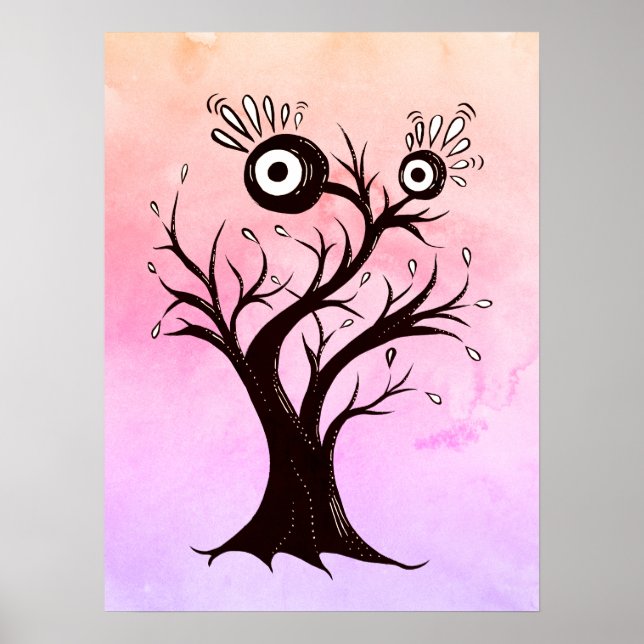 Crazy Träd Creatart Bläck Art Rosa Fantasy Poster (Framsidan)