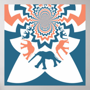 Crazy Walking Elephants Coral Blue Chevron Mönster Poster