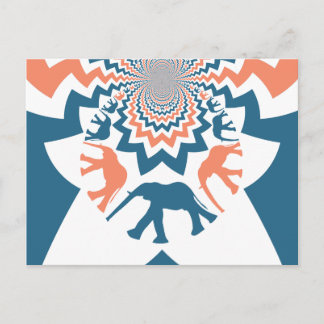 Crazy Walking Elephants Coral Blue Chevron Mönster Vykort