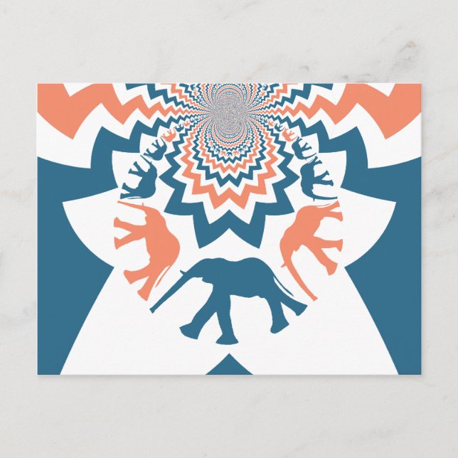 Crazy Walking Elephants Coral Blue Chevron Mönster Vykort (Framsida)
