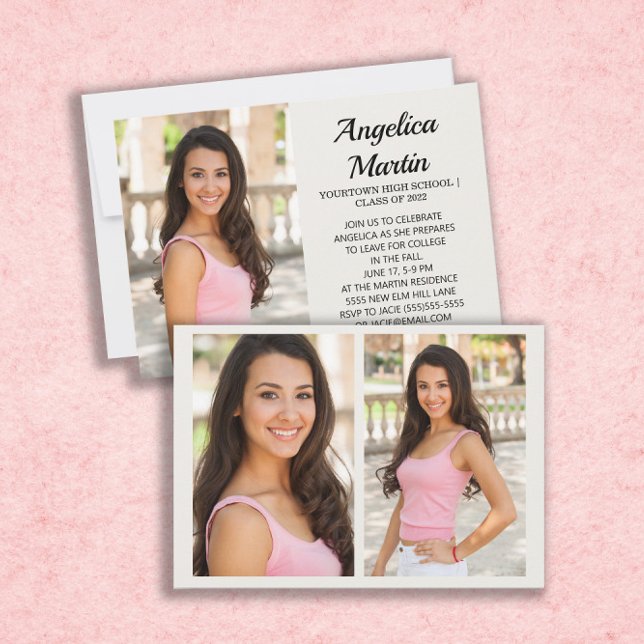 Cream 2-sidig 3-fotoinbjudan för Studentfest Inbjudningar (Skapare uppladdad)