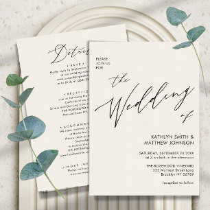 Cream All in One Elegant Script Minimalist Bröllop Inbjudningar