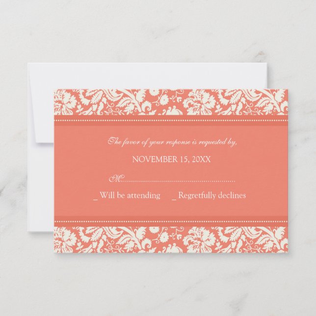 Cream and Coral Damask OSA Bröllop Card (Framsida)