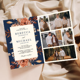 Cream and Terracotta Floral QR Code Navy Wedding Inbjudan