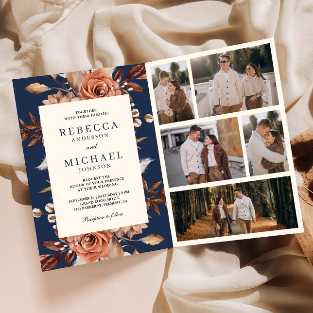 Cream and Terracotta Floral QR Code Navy Wedding Inbjudan (Skapare uppladdad)