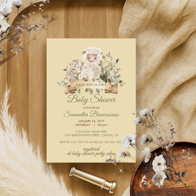 Cream Beige Flower Cute Sheep Lamb Inbjudningar (Skapare uppladdad)