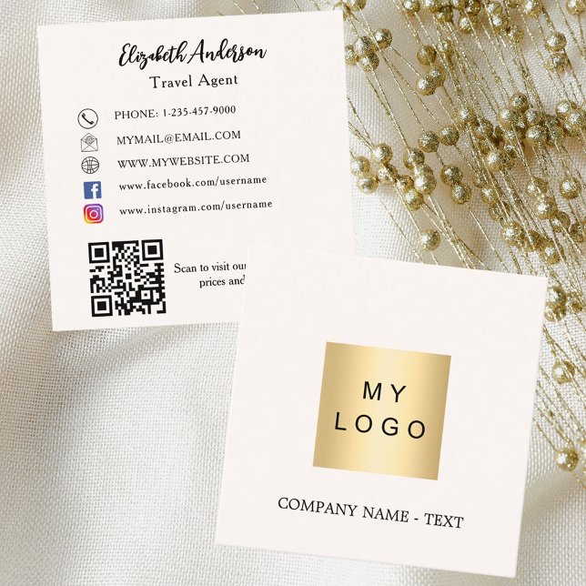 Cream beige logotyp QR-kod social media Fyrkantigt Visitkort (Skapare uppladdad)