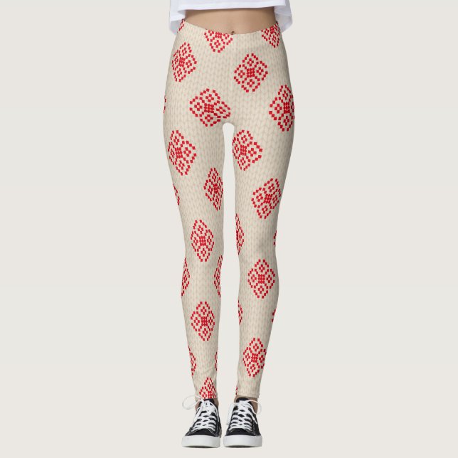Cream Beige Red Snowflake-julklappar Leggings (Framsida)