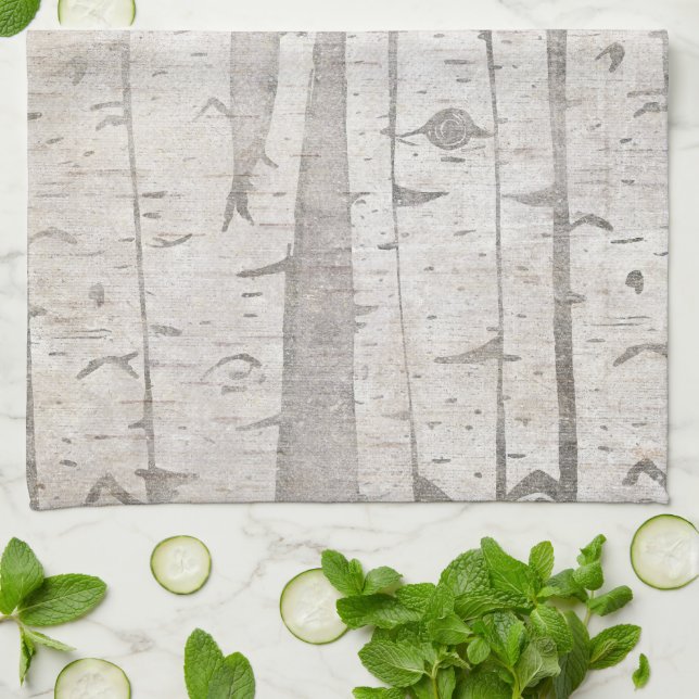 Cream Beige White Birch Träd Kökshandduk (Vikta)
