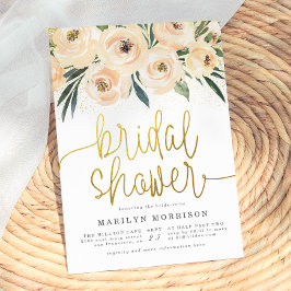 Cream & Blå Blommor Guld Skrift Bröllopsdusch Inbjudningar