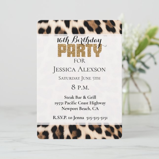 Cream Black Brown Leopard Guld Glitter Party Inbjudningar (Stående Fram)