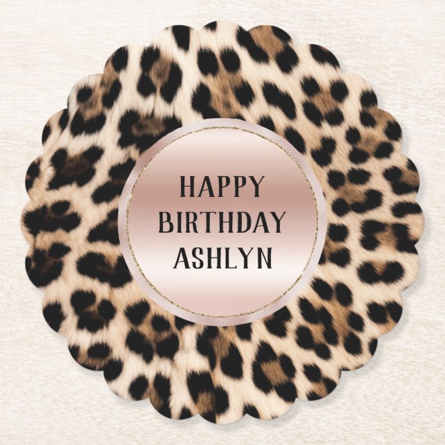 Cream Black Brown Leopard  Rosa Birthday Underlägg Papper (Framsida)