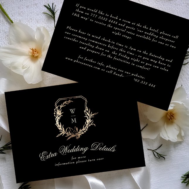 Cream & Black Monogram Guld | Detaljer i Bröllop Tilläggskort (Skapare uppladdad)