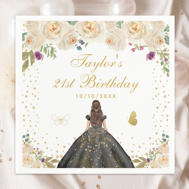 Cream Blommigt Brunette Hair Girl Födelsedagsfest Pappersservett (Skapare uppladdad)