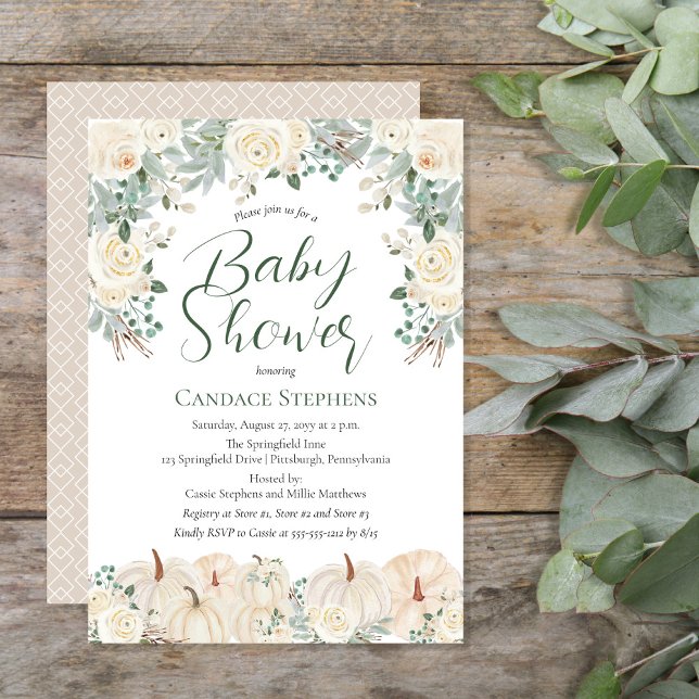 Cream Blommigt | Pumpkins Fall | Höstbabystövel Inbjudningar (Beautiful gender neutral forest and sage green with cream-colored pumpkins and florals "Baby Shower")
