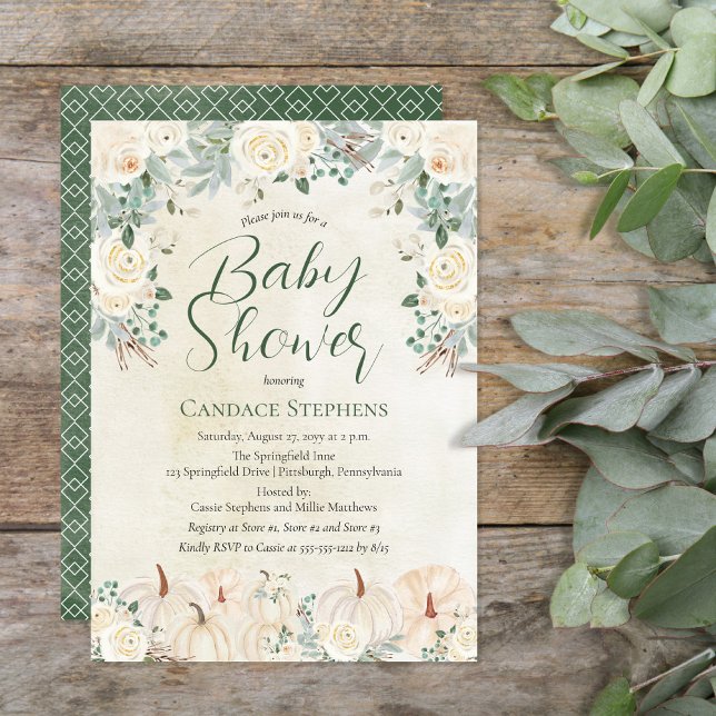 Cream Blommigt | Pumpor - Forest Grönt Baby Shower Inbjudningar (Beautiful gender neutral forest and sage green with cream-colored pumpkins and florals "Baby Shower")