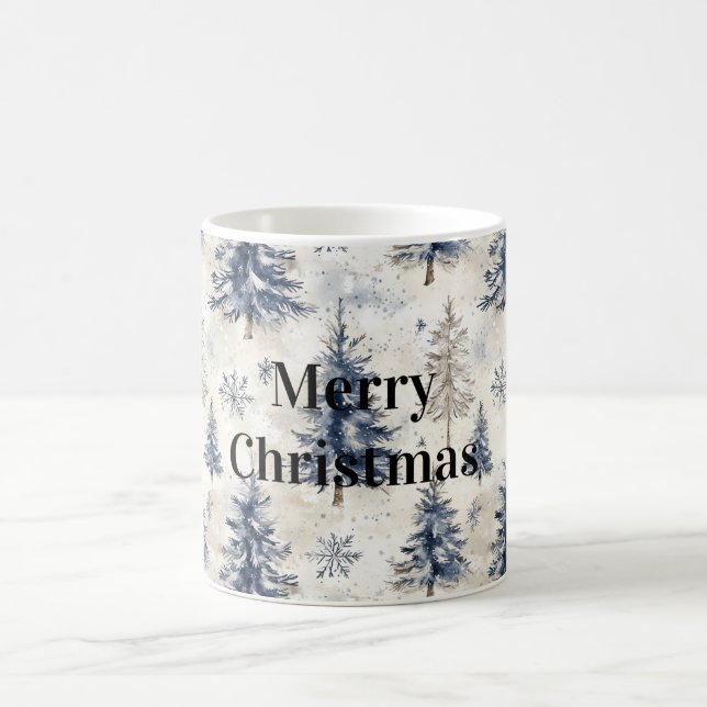 Cream Blue Winter Christmas Trees Snowflakes Kaffemugg (Center)