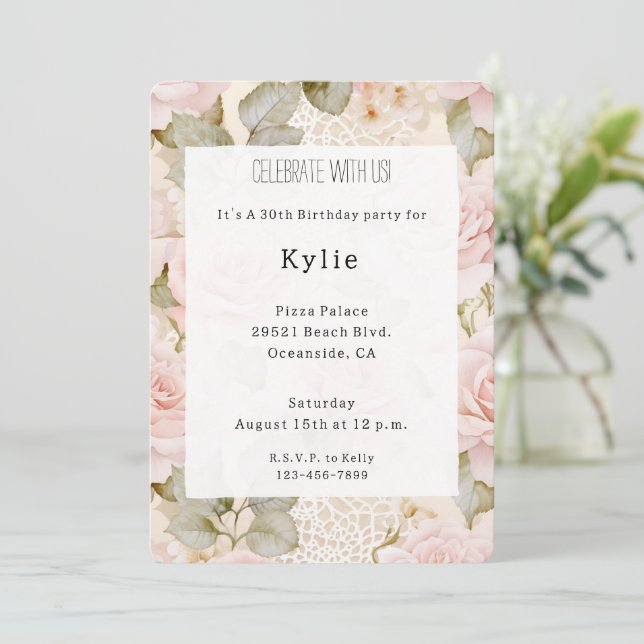 Cream Blush Pink Roses Floral Birthday   Inbjudningar (Stående Fram)