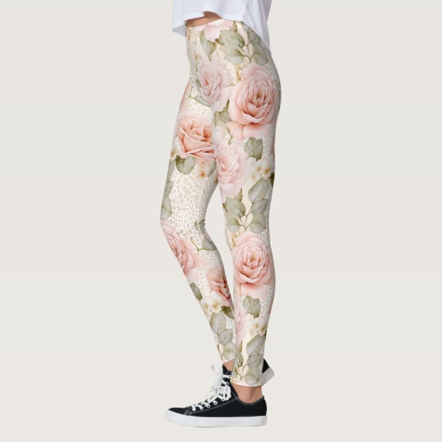 Cream Blush Pink Roses Floral  Leggings (Vänster)