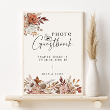 Cream Boho Blommigt Bröllop Photo Guestbook-tecken