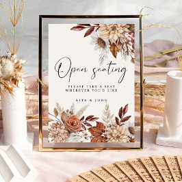 Cream Boho Blommigt Open Seating Bröllop Sign Poster