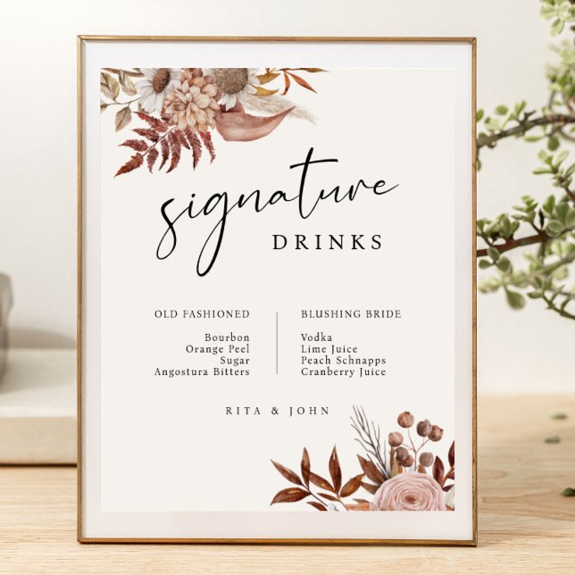 Cream Boho Blommigt Pub Namnteckning Drinks Bröllo Poster (Skapare uppladdad)