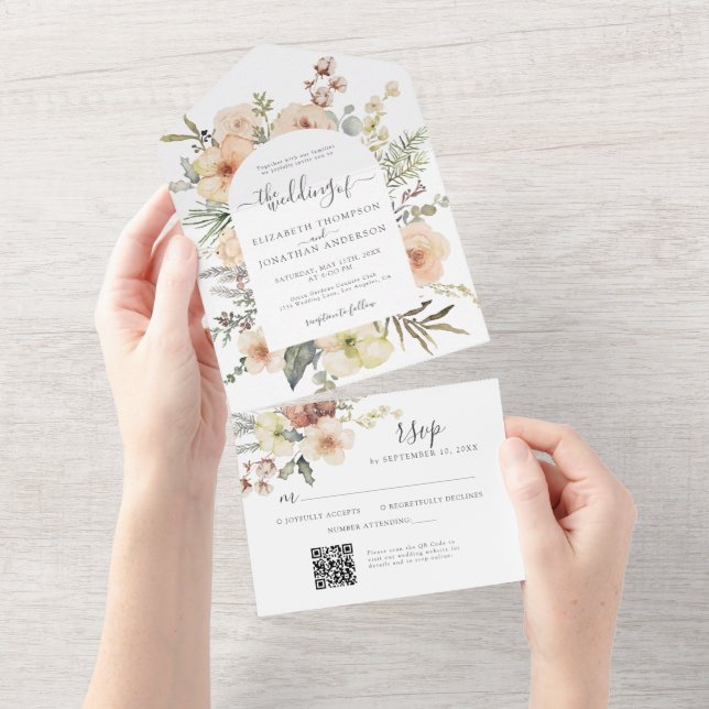 Cream Boho jul QR-kod Winter Blommigt Bröllop (Tearaway)
