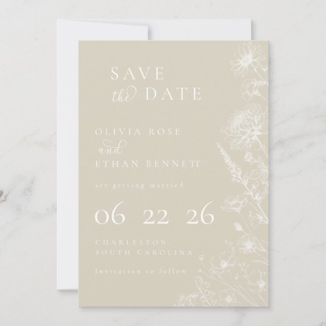 Cream Botanical Minimal Wedding Save the Date (Framsida)