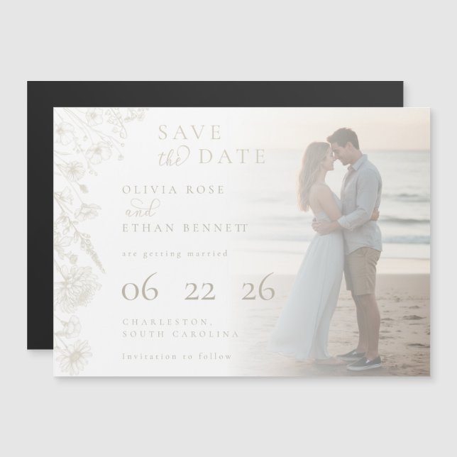 Cream Botanical Photo Wedding Save the Date (Fram/baksida)