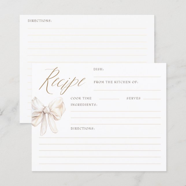 Cream Bow Elegant Bridal Shower Recipe Cards (Fram/baksida)