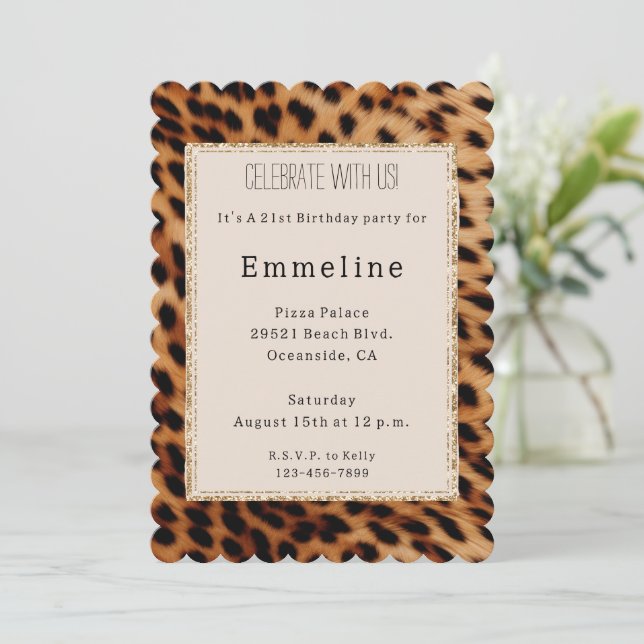 Cream Brown Black Leopard Guld Glitter Inbjudningar (Stående Fram)