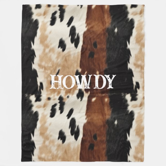 Cream Brown Cowhide Howdy Fleecefilt (Framsidan)