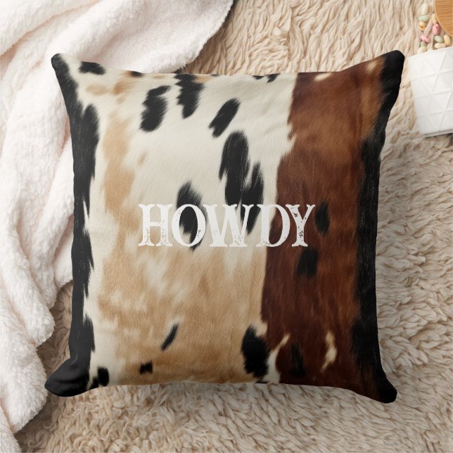 Cream Brown Cowhide Howdy Kudde (Filt)