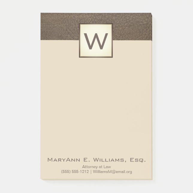 Cream Brown Faux Leather Executive Monogram Post-it Block (Framsida)