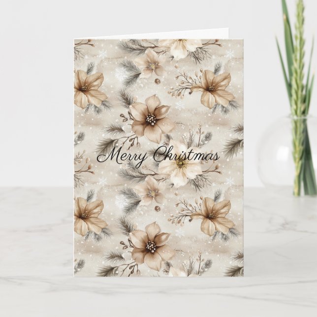 Cream Brown Floral Christmas Kort (Framsida)