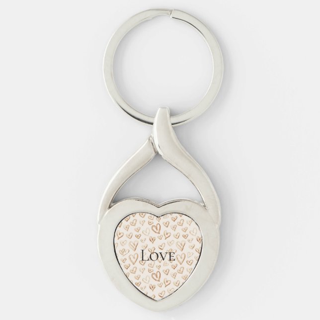 Cream Brown Hearts Valentine's Day Love Twisted Heart Silverfärgad Nyckelring (Framsidan)