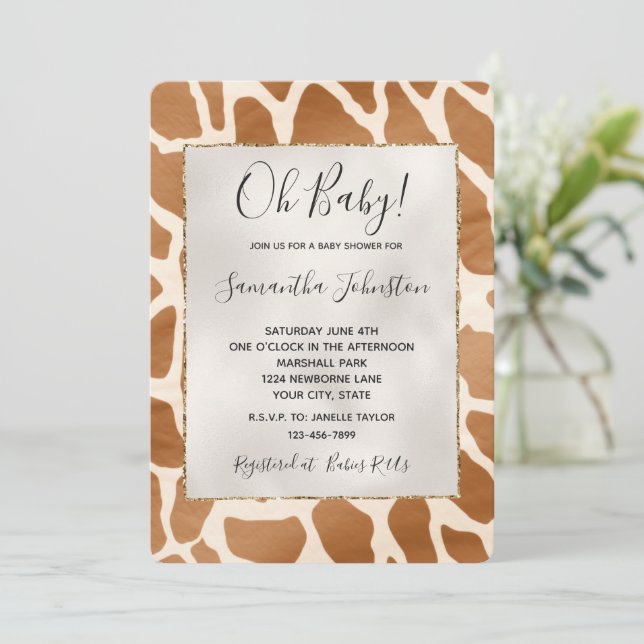 Cream Brown Safari Giraffe Animal Baby Shower Inbjudningar (Stående Fram)