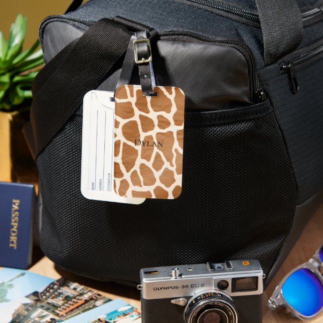 Cream Brown Safari Giraffe Animal Print Bagagebricka (Framsida & Baksida)