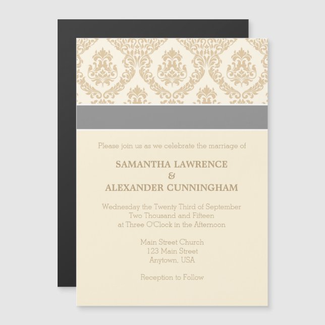Cream Brown Tan Damask Magnetic Wedding bjudande Magnetisk Inbjudningskort (Fram/baksida)