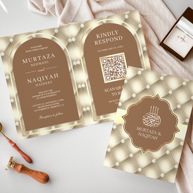 Cream Brown Tuftad Mönster QR-kod Muslim Bröllop Inbjudan (Skapare uppladdad)