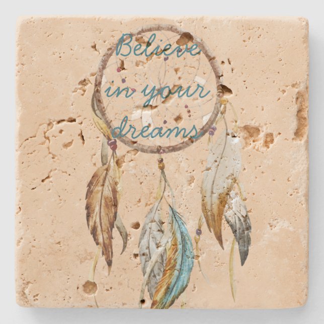 Cream Brown Turfullquise White Feathers Dream Catc Stenunderlägg (Framsidan)