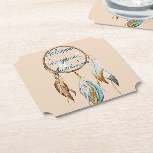 Cream Brown Turfullquise White Feathers Dream Catc Underlägg Papper (Vinklad)