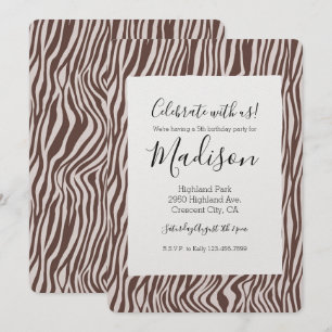 Cream Brown Zebra tryck Birthday Inbjudningar