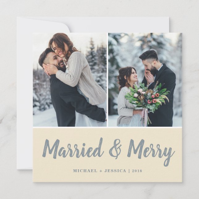 Cream Brush Married & Merry Photo | Kvadratisk Julkort (Framsida)